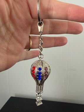 Silver Hot Air Balloon Keychain with Red, Blue, Purple & Green Rhinestones